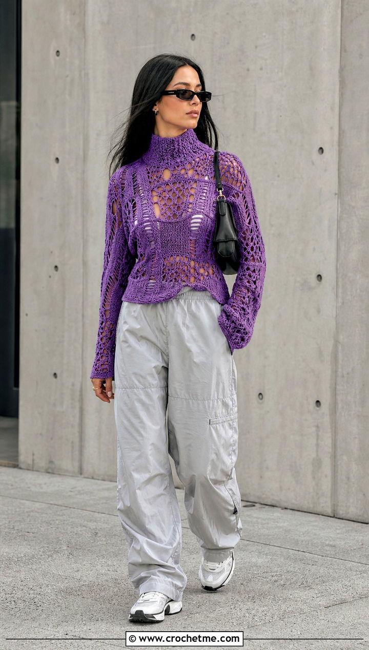 Mock Neck Freeform Crochet Sweater With Parachute Pants - 30 freeform crochet sweater outfit ideas