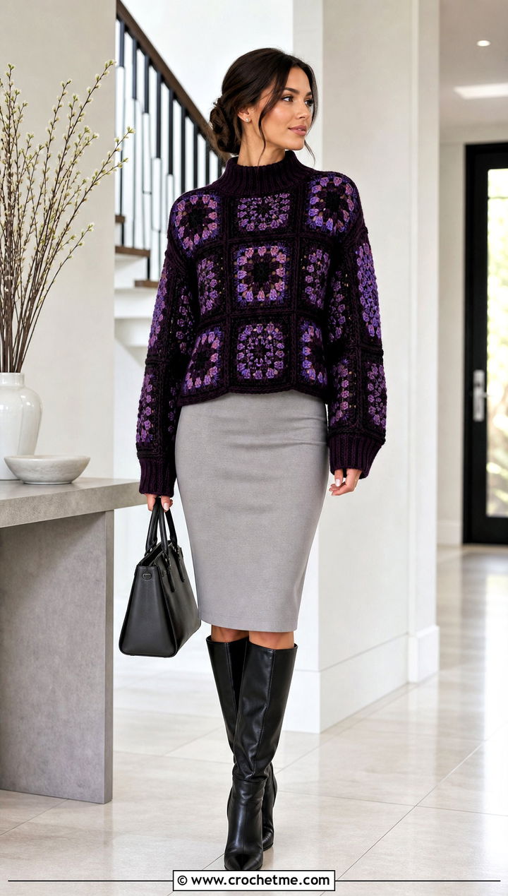 Mock Neck Giant Granny Square Sweater With Pencil Skirt - 30 giant granny square sweater outfit ideas