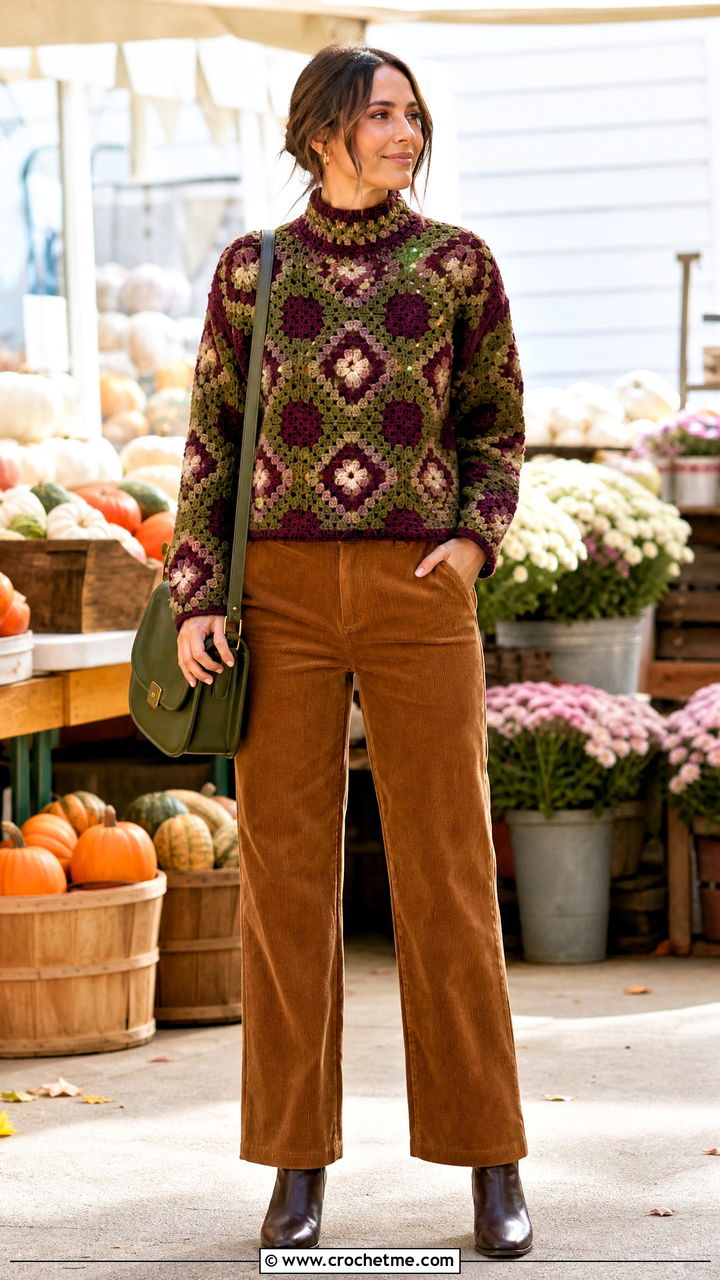 Mock Neck Granny Square Crochet Sweater With Corduroy Pants - 35 granny square crochet sweater outfit ideas