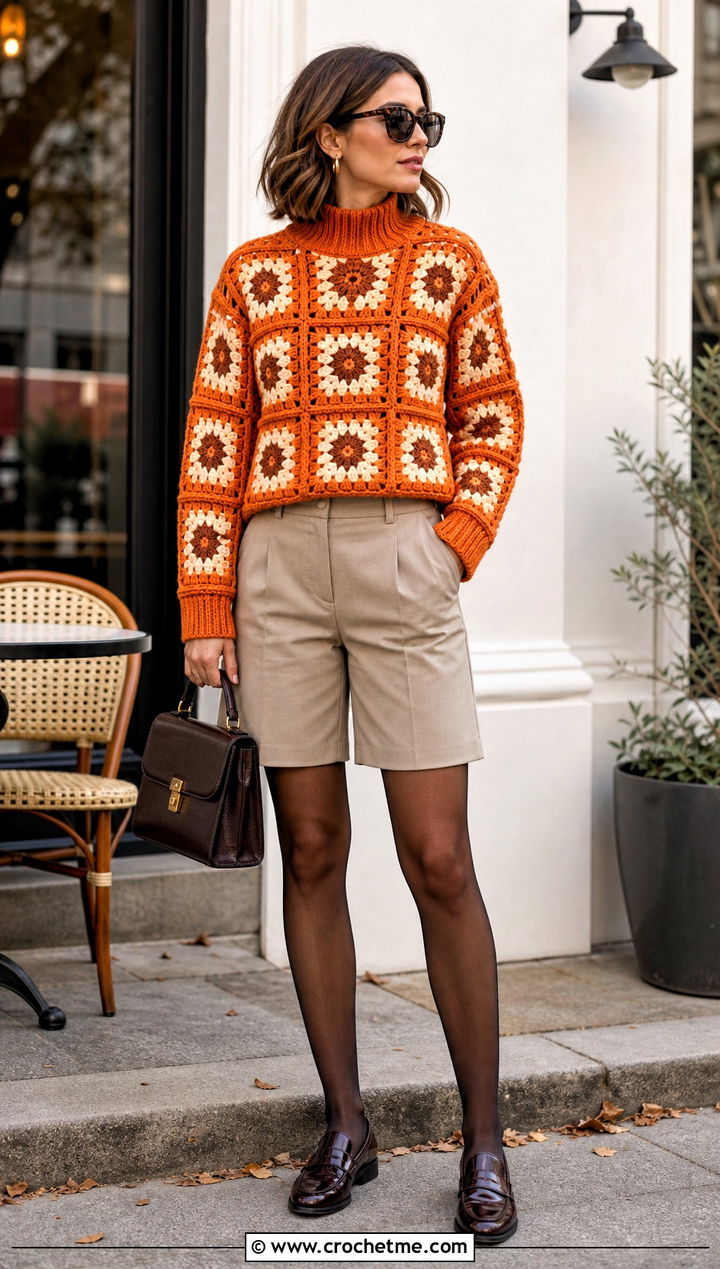 Mock Neck Granny Square Jumper With Tailored Shorts - 35 granny square jumper outfit ideas