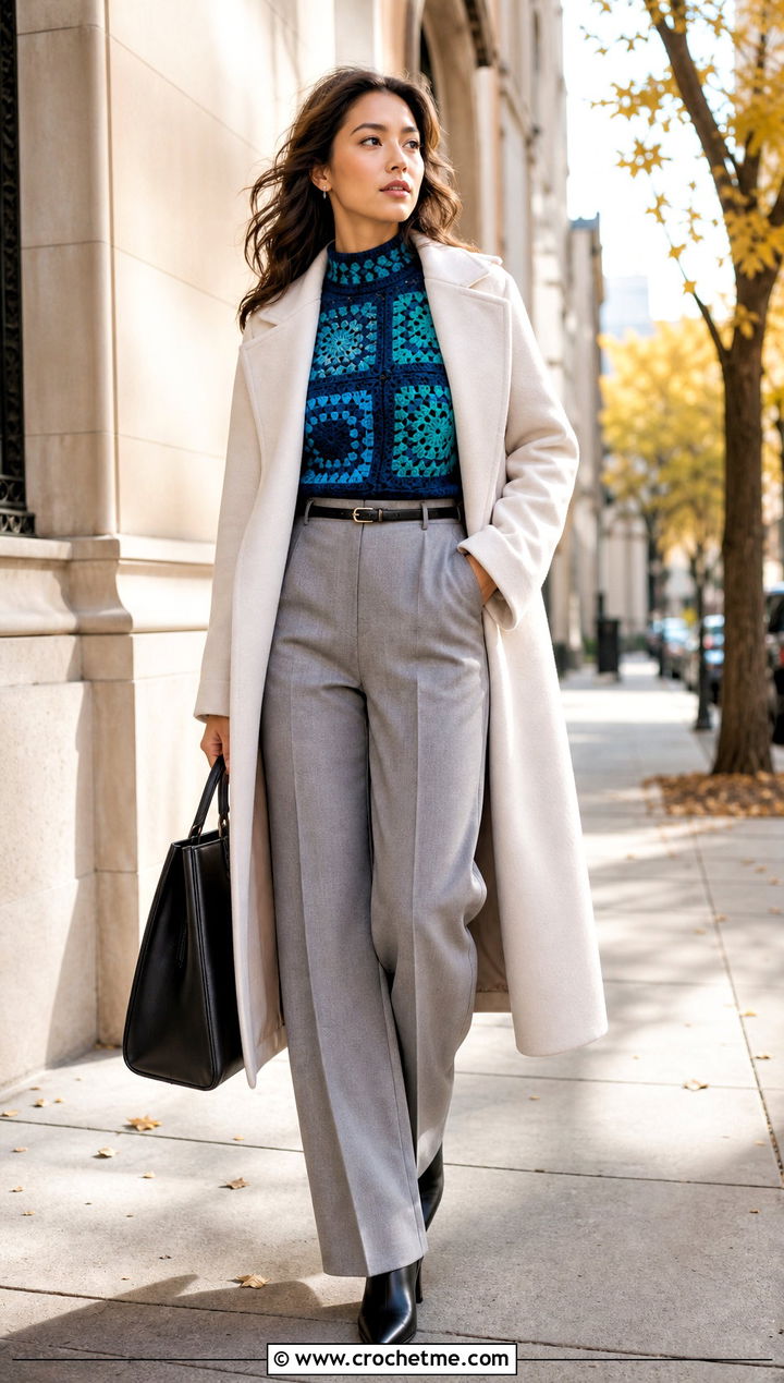 Mock Neck Granny Square Long Sleeve Top With Wool Trousers - 20 Granny Square Long Sleeve Top outfit ideas