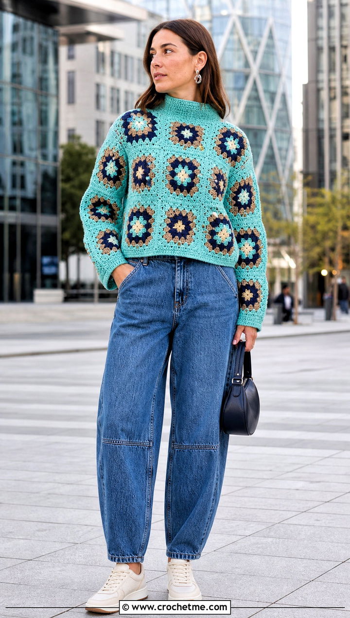 Mock Neck Granny Square Pullover Sweater With Barrel Jeans - 35 Granny Square Pullover Sweater outfit ideas