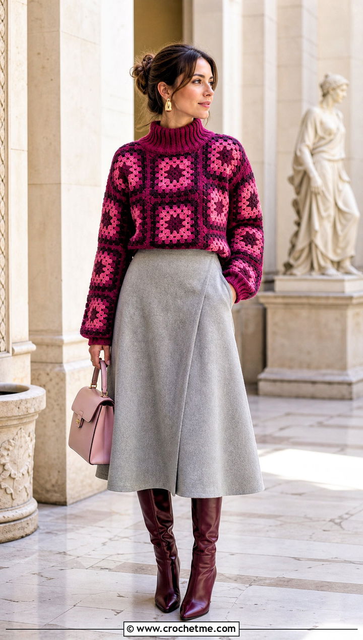 Mock Neck Granny Square Sweater With A Line Midi Skirt - 25 Square Crochet Sweater outfit ideas