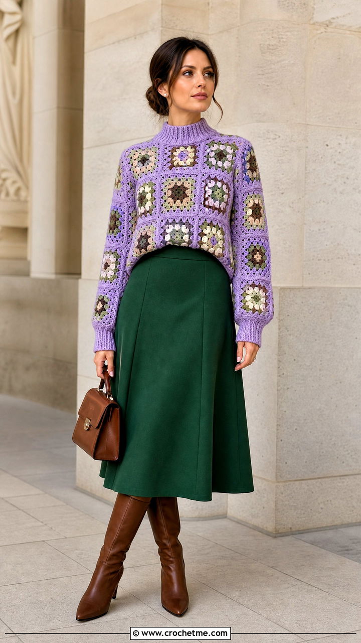 Mock Neck Granny Square Sweater With A Line Midi Skirt - 35 4 Granny Square Sweater outfit ideas