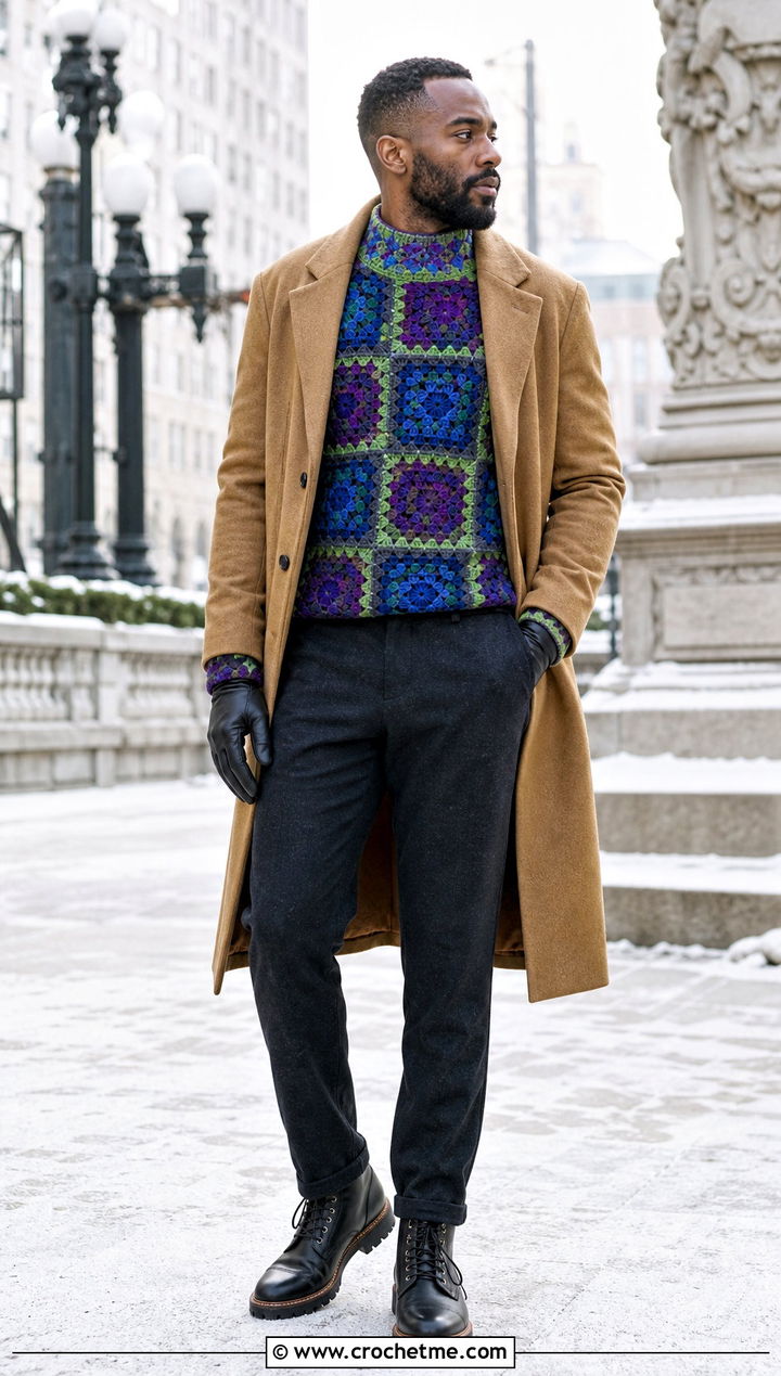 Mock Neck Granny Square Sweater With Wool Coat - 25 Crochet Granny Square Sweater For Men outfit ideas
