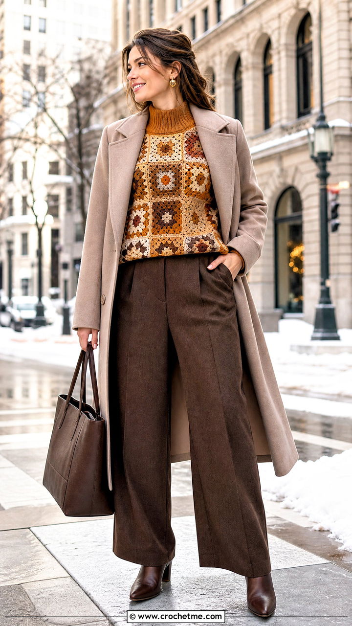 Mock Neck Granny Square Sweater With Wool Trousers - 35 granny square sweater outfit ideas