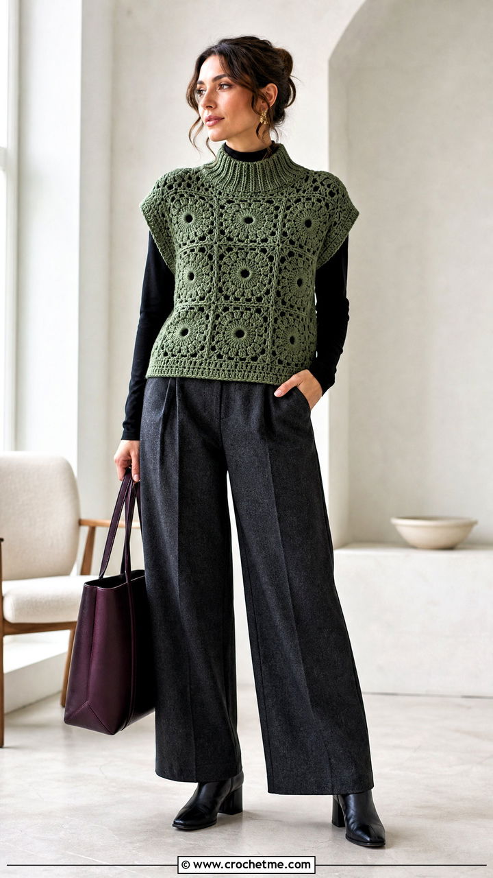 Mock Neck Granny Square Top With Wool Trousers - 35 granny square tops outfit ideas