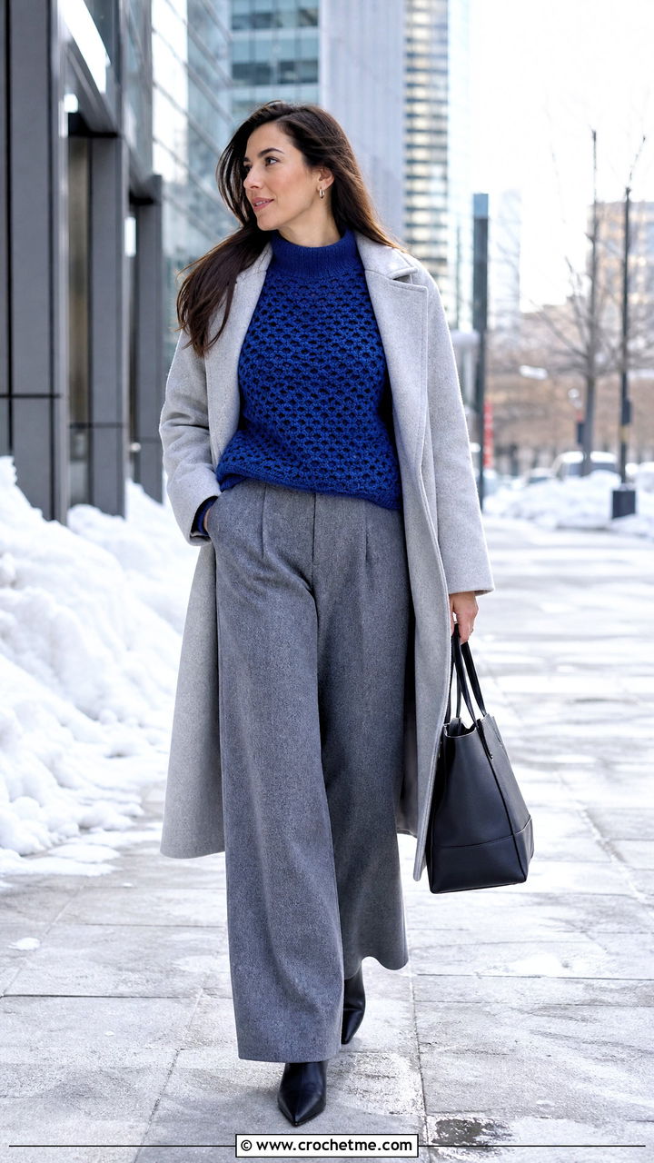 Mock Neck Granny Stitch Sweater With Wool Trousers - 35 crochet granny stitch sweater outfit ideas