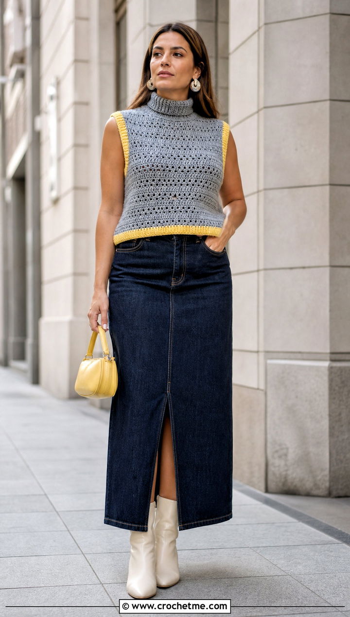 Mock Neck Gray Crochet Sweater Vest With A Denim Maxi Skirt - 15 Gray Crochet Sweater Vest outfit ideas