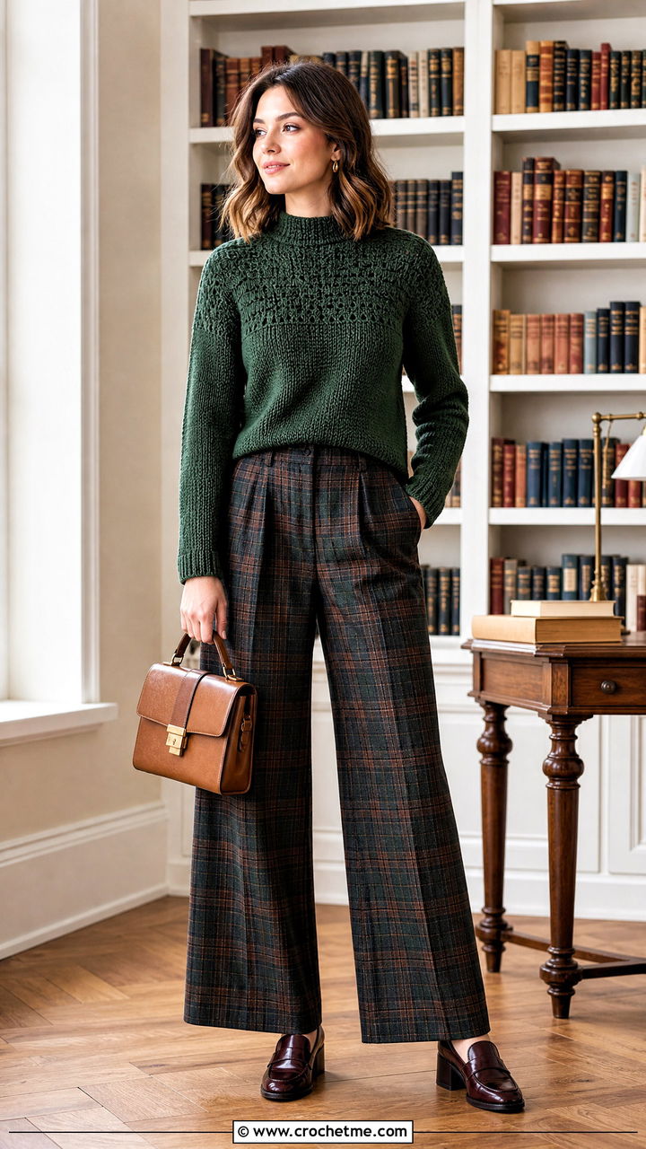 Mock Neck Green Crochet Sweater With Plaid Trousers - 35 green crochet sweater outfit ideas