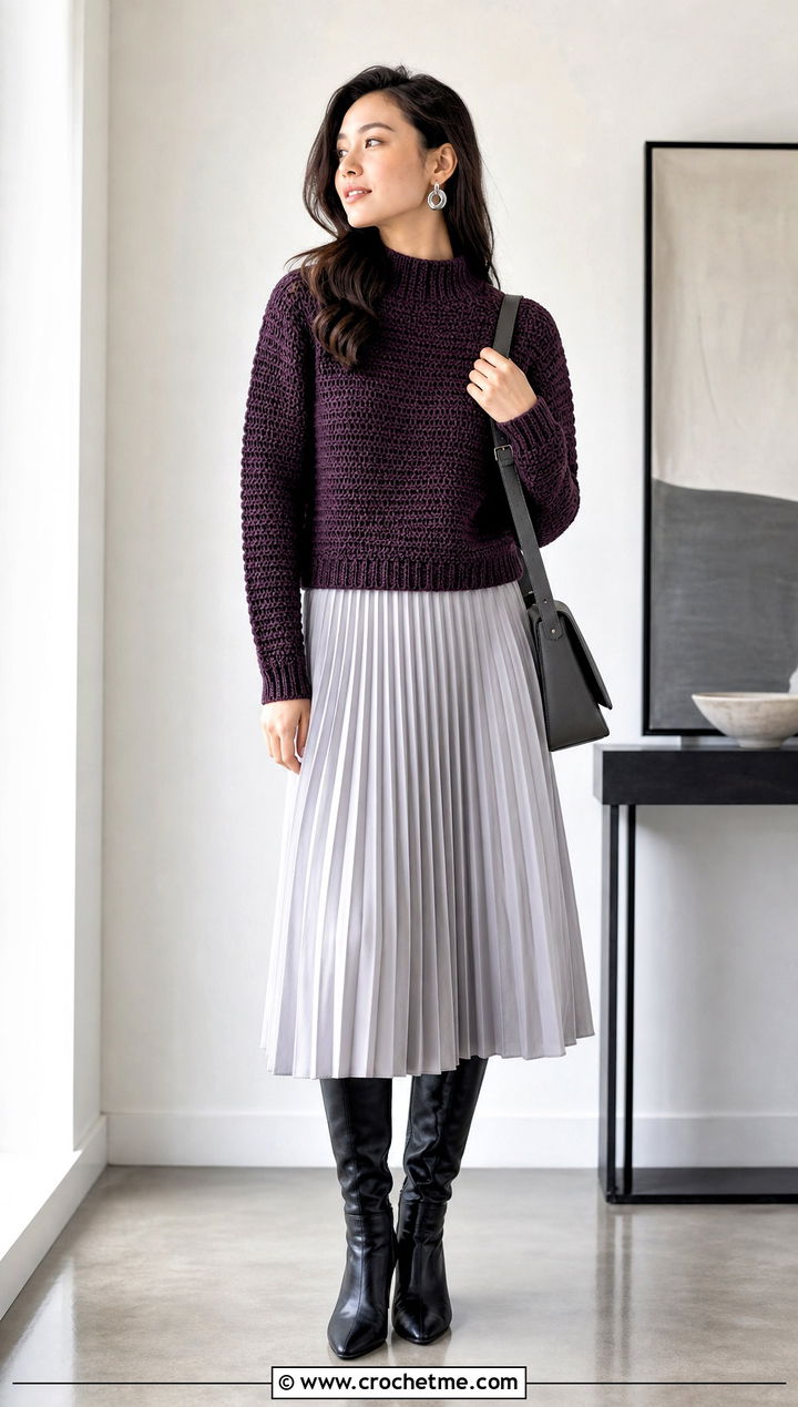 Mock Neck Half Double Crochet Sweater With Pleated Skirt - 30 half double crochet sweater outfit ideas