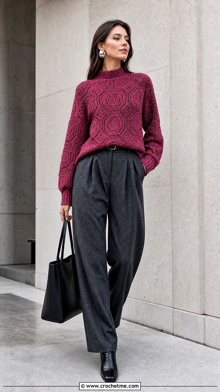 Mock Neck Hexagon Pullover With Pleated Trousers - 35 crochet hexagon pullover outfit ideas