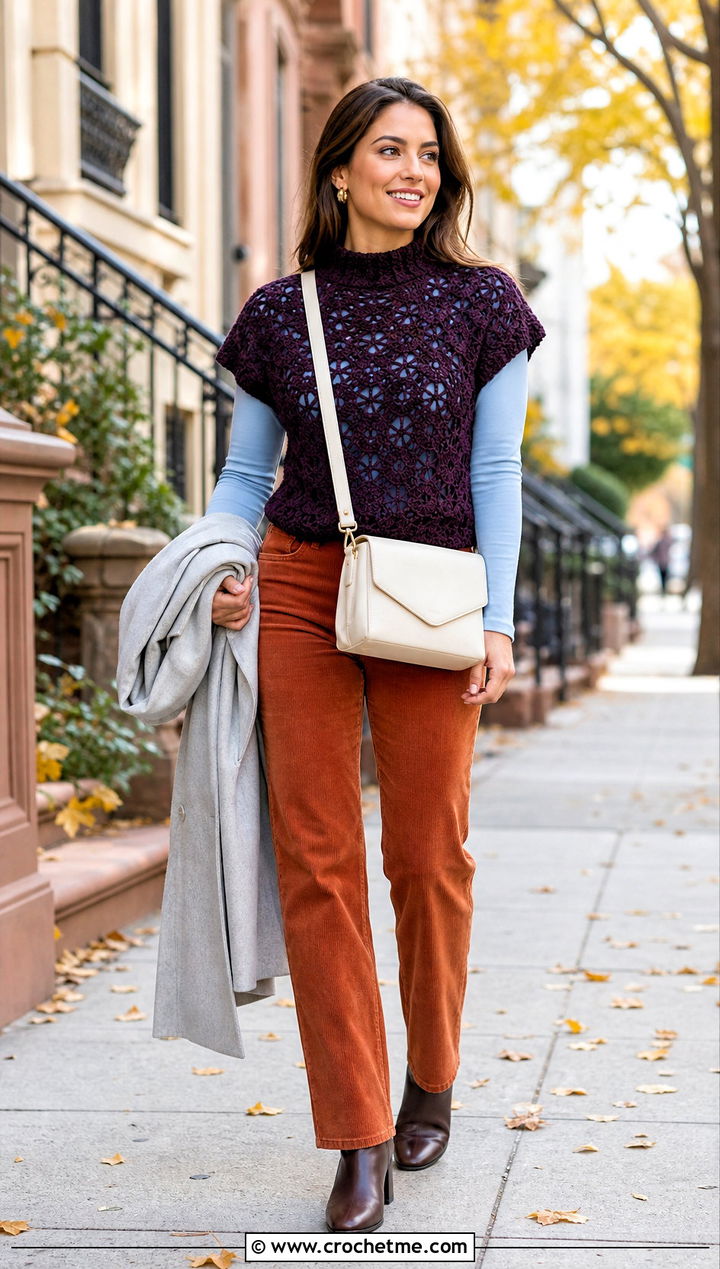 Mock Neck Hexagon Top With Corduroy Pants - 35 crochet hexagon top outfit ideas