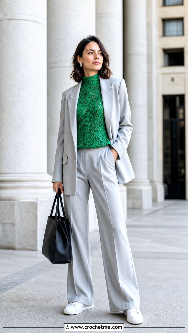 Mock Neck Lace Crochet Sweater With Relaxed Suit - 25 lace crochet sweater outfit ideas