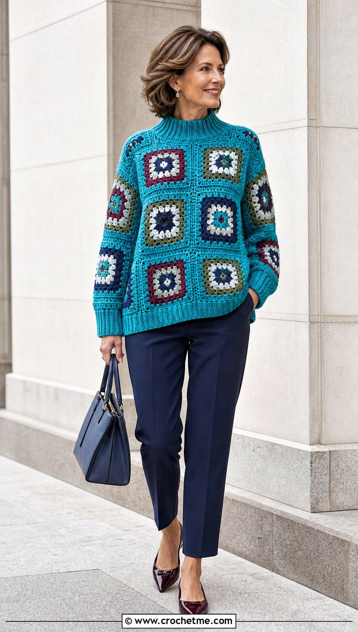 Mock Neck Large Granny Square Sweater With Cropped Trousers - 35 large granny square sweater outfit ideas