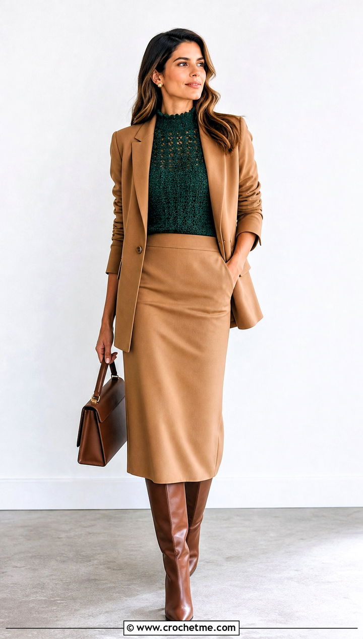 Mock Neck Mesh Crochet Sweater With Blazer And Midi Skirt - 30 mesh crochet sweater outfit ideas