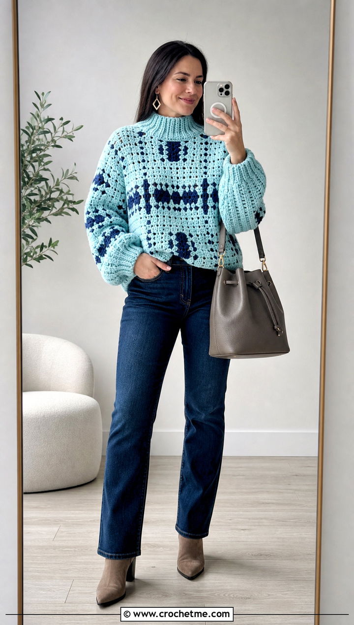 Mock Neck Mosaic Crochet Sweater With Straight Jeans - 25 Mosaic Crochet Sweater outfit ideas