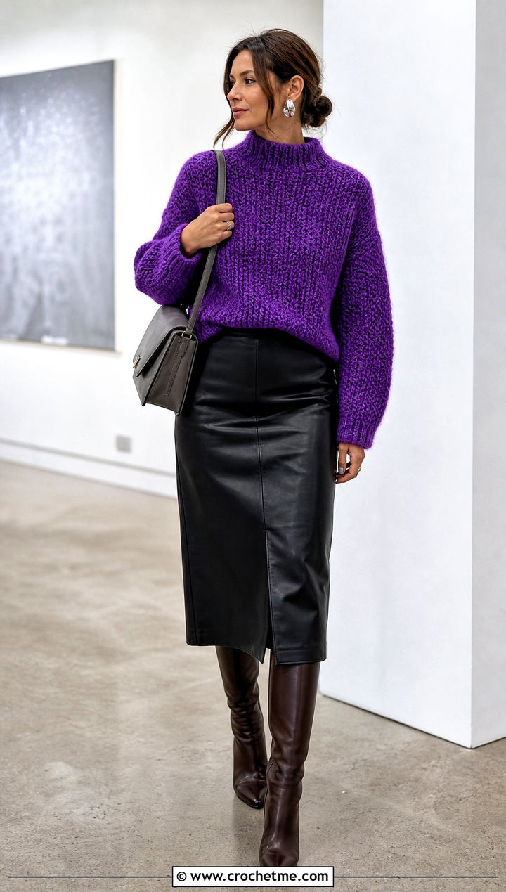 Mock Neck Moss Stitch Crochet Sweater With Leather Midi Skirt - 25 Moss Stitch Crochet Sweater outfit ideas