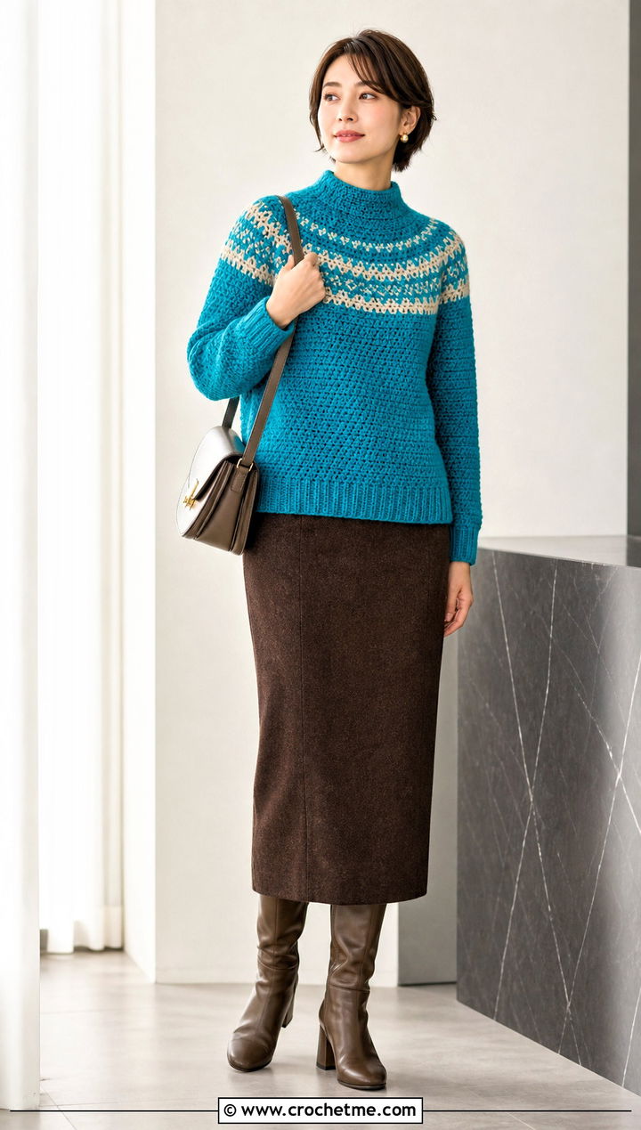 Mock Neck Nordic Crochet Sweater With Column Skirt - 25 nordic crochet sweater outfit ideas