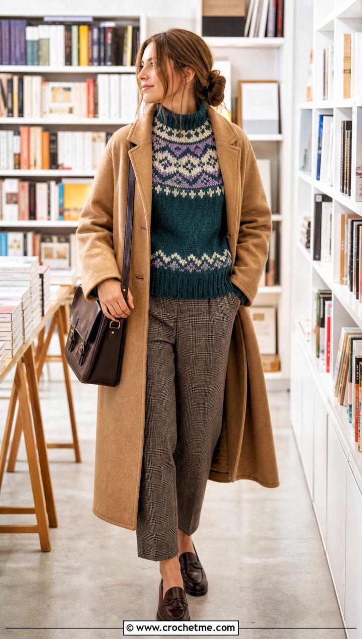 Mock Neck Norwegian Crochet Sweater With Check Trousers - 20 Norwegian Crochet Sweater outfit ideas