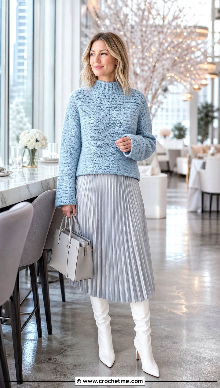 Mock Neck One Panel Crochet Sweater With Pleated Midi Skirt - 30 One Panel Crochet Sweater outfit ideas
