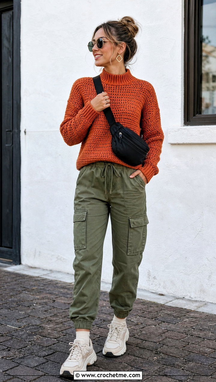 Mock Neck Orange Crochet Sweater With Cargo Pants - 15 orange crochet sweater design outfit ideas