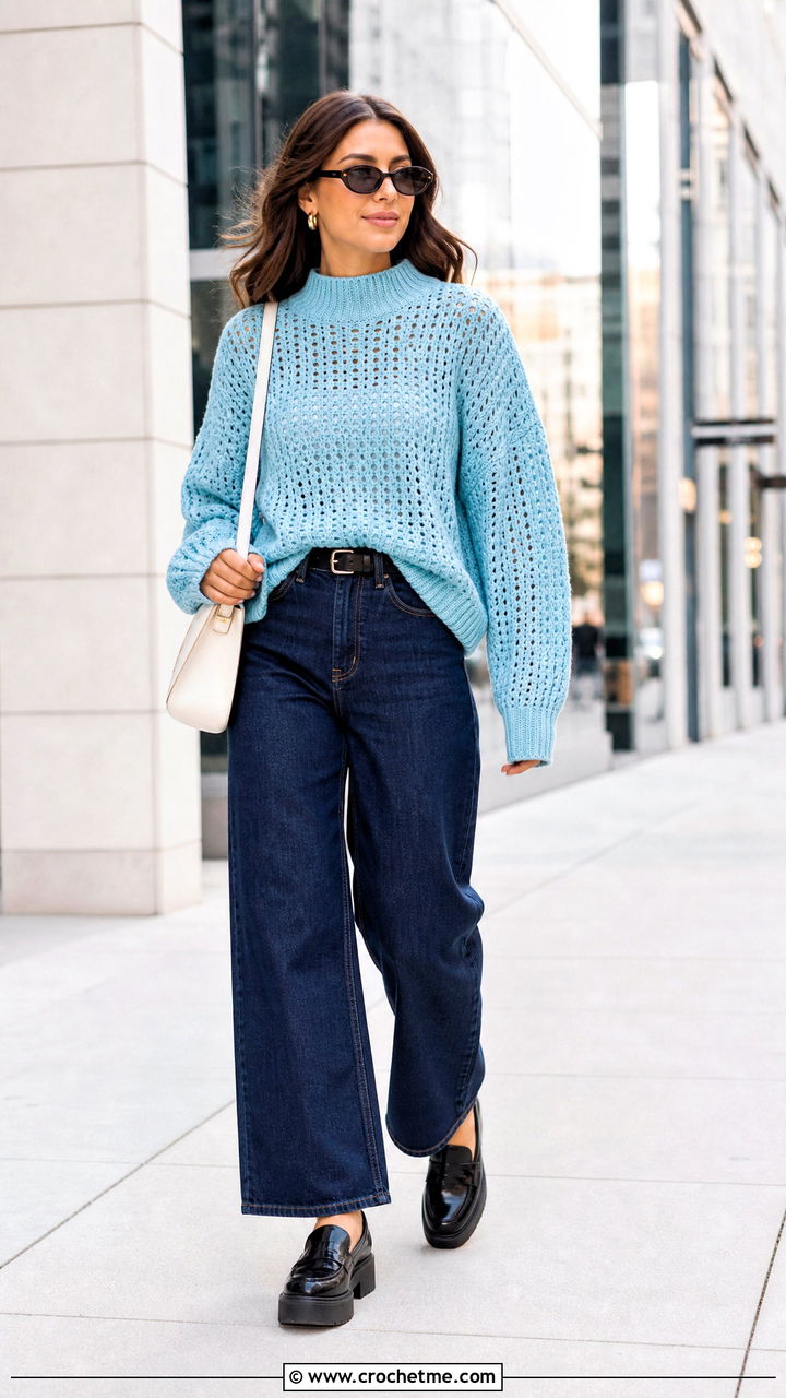 Mock Neck Oversized Crochet Sweater With Wide Leg Jeans - 35 oversized crochet sweater outfit ideas