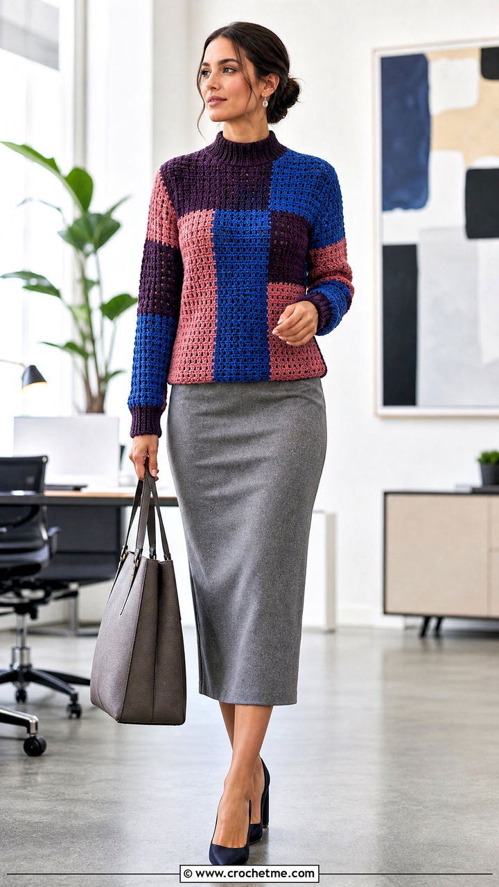 Mock Neck Patchwork Crochet Sweater With Pencil Skirt - 35 patchwork crochet sweater outfit ideas