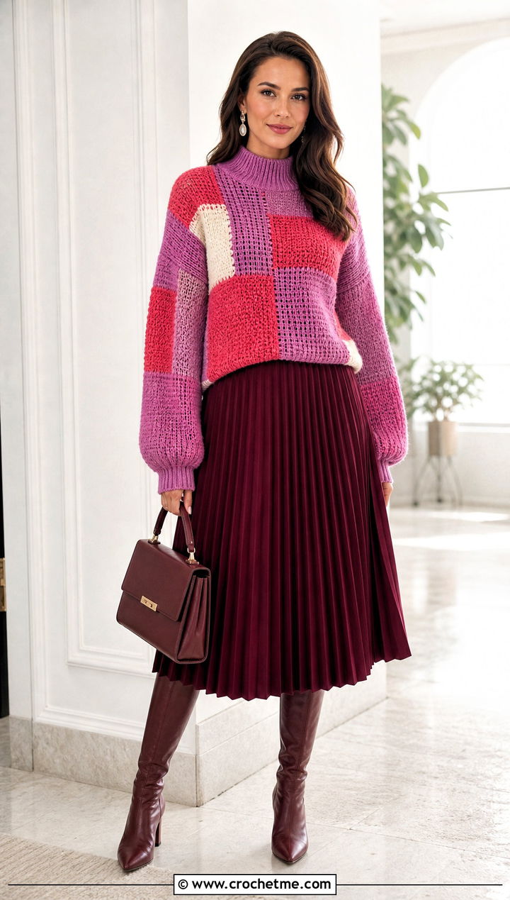 Mock Neck Patchwork Sweater With Pleated Midi Skirt - 30 crochet patchwork sweater outfit ideas