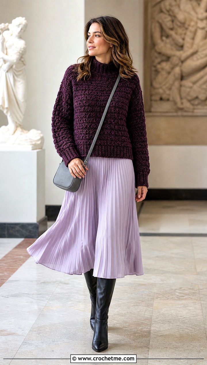 Mock Neck Pullover Crochet Sweater With Pleated Midi Skirt - 30 Pullover Crochet Sweater outfit ideas