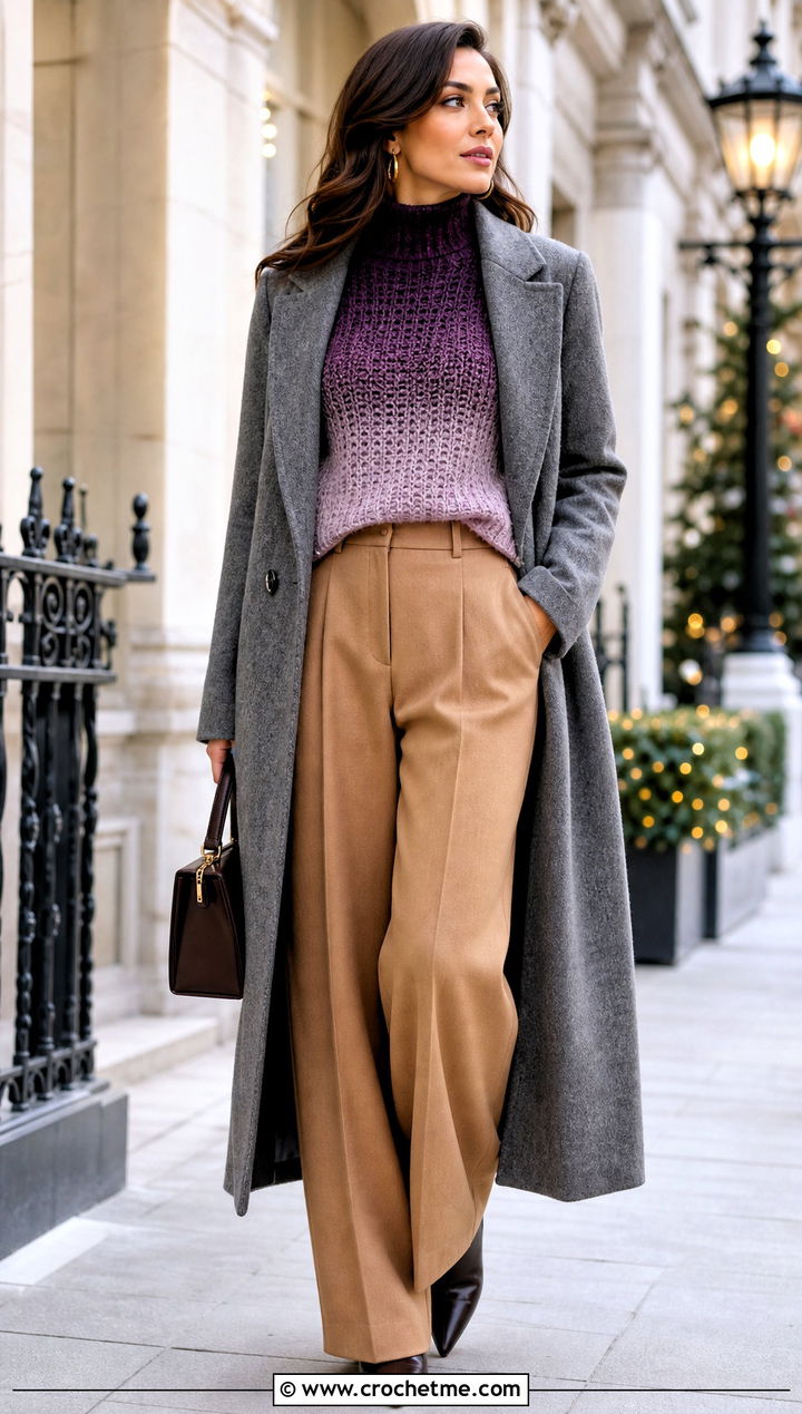 Mock Neck Purple Ombre Crochet Sweater With Wide Leg Wool Trousers - 15 purple ombre crochet sweater outfit ideas