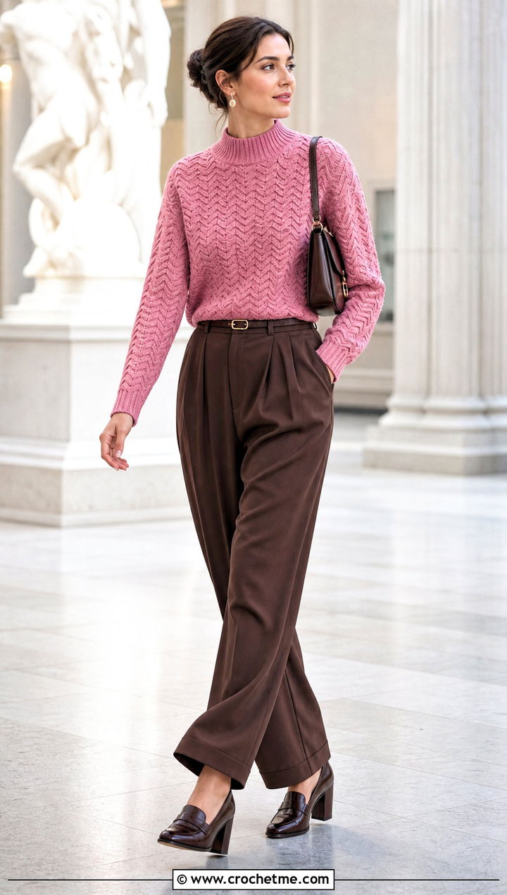 Mock Neck Ripple Stitch Sweater With Pleated Pants - 25 Crochet Ripple Stitch Sweater outfit ideas