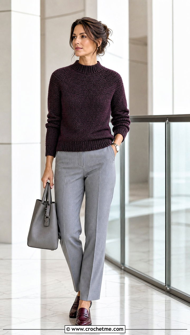 Mock Neck Round Yoke Crochet Sweater With Tailored Pants - 20 Round Yoke Crochet Sweater outfit ideas