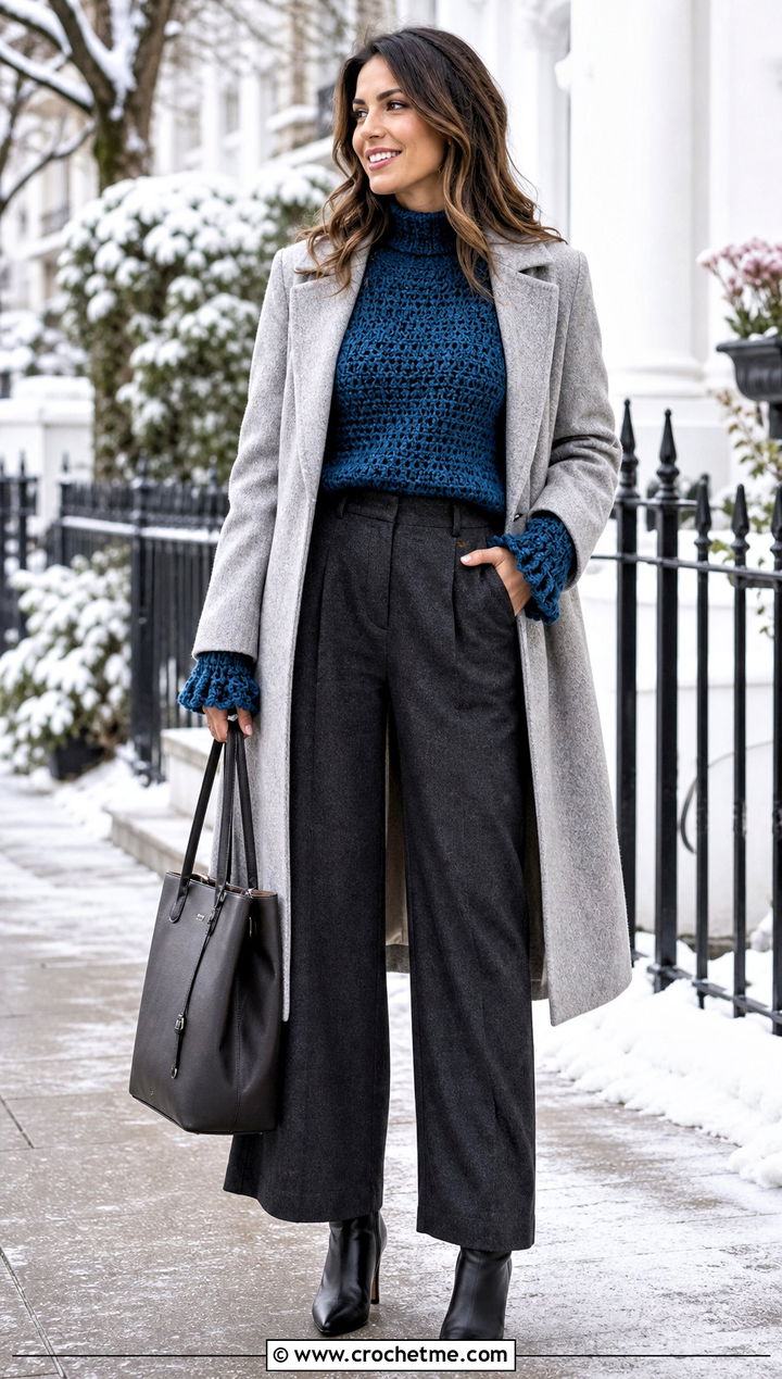 Mock Neck Ruffle Sleeve Crochet Top With Wool Trousers - 30 crochet ruffle sleeve top outfit ideas