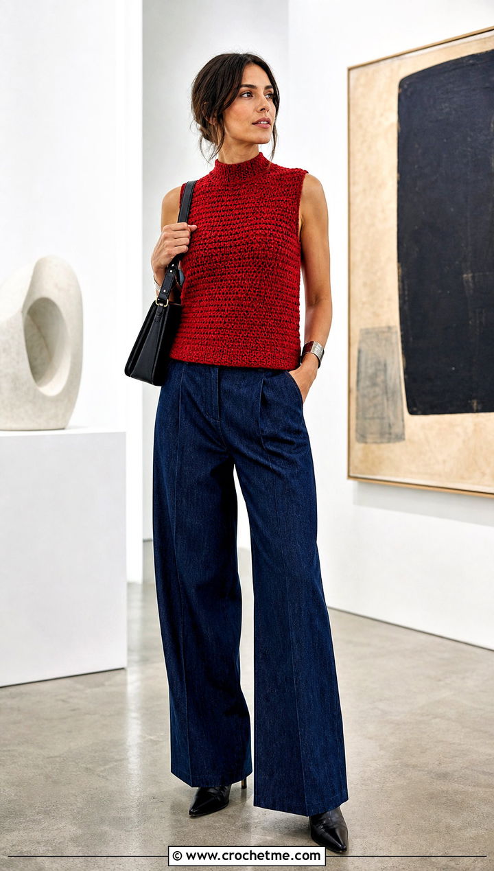 Mock Neck Shell Crochet Top With Tailored Denim - 35 crochet seashell top outfit ideas