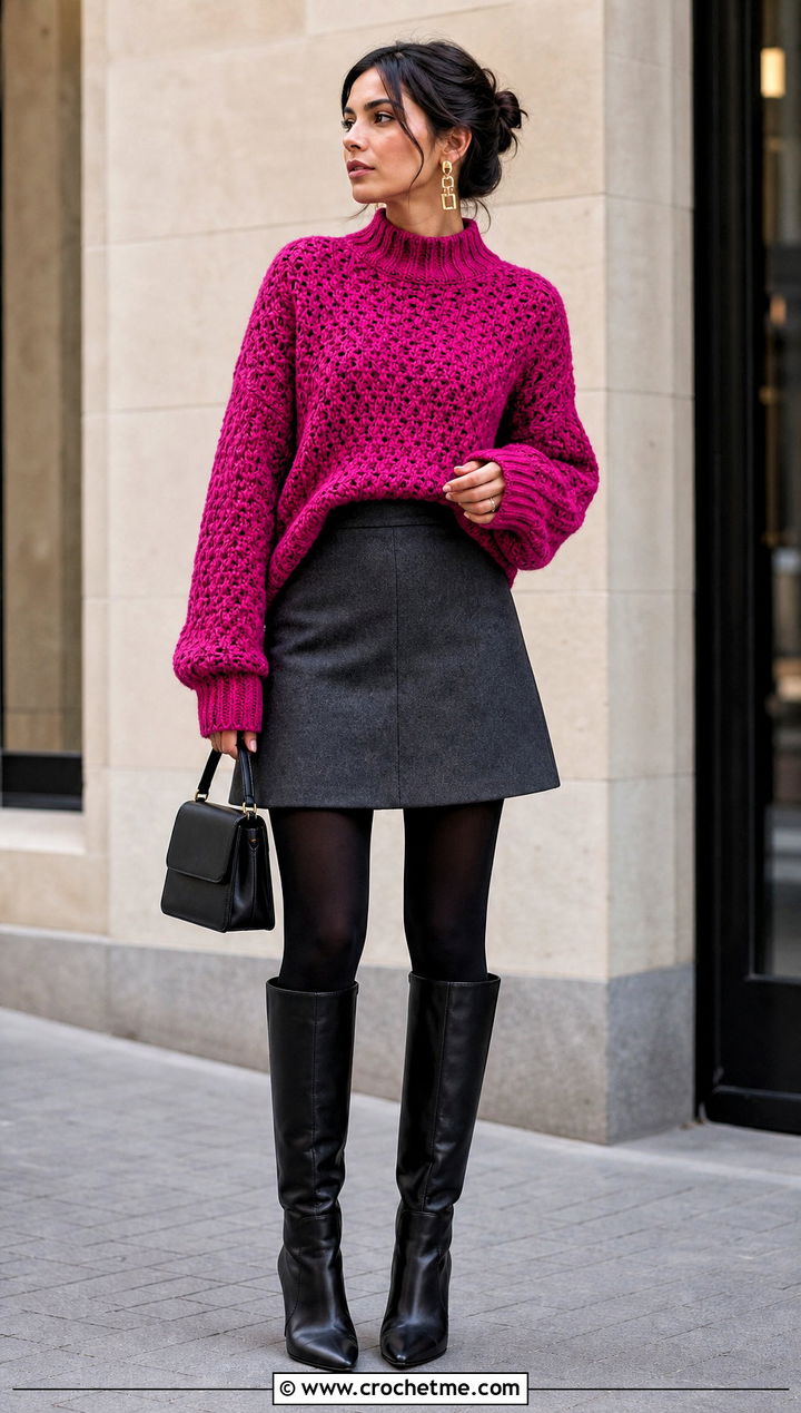 Mock Neck Slouchy Crochet Sweater With Mini Skirt - 25 slouchy crochet sweater outfit ideas