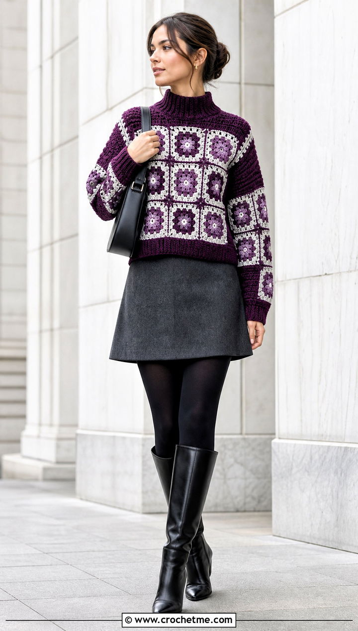 Mock Neck Square Jumper With A Line Mini Skirt - 30 crochet square jumper outfit ideas