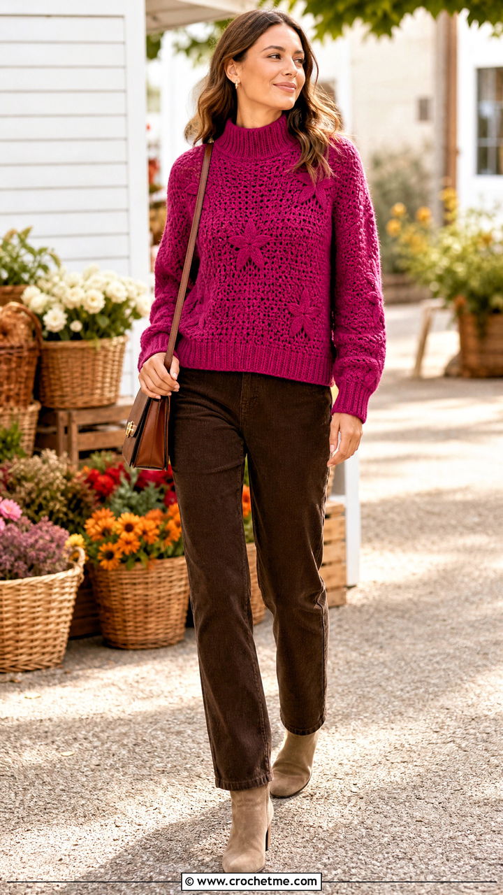 Mock Neck Star Sweater With Corduroy Pants - 35 crochet star sweater outfit ideas