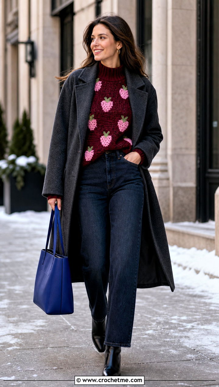 Mock Neck Strawberry Crochet Sweater With Coat And Tailored Jeans - 15 Strawberry Crochet Sweater outfit ideas