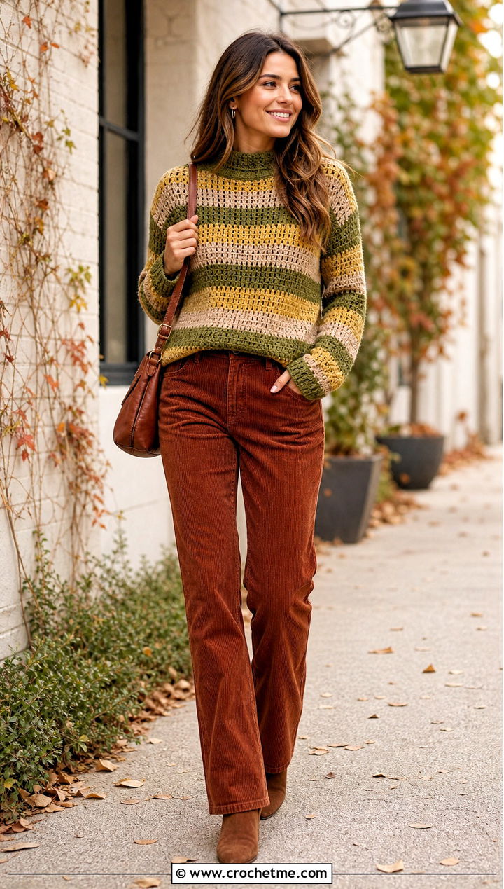 Mock Neck Striped Crochet Sweater With Corduroy Pants - 30 striped crochet sweater outfit ideas