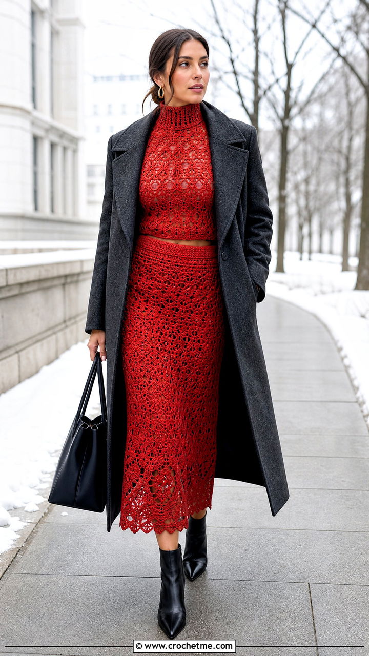 Mock Neck Top And Midi Skirt Set With Long Coat - 35 crochet skirt and top set outfit ideas