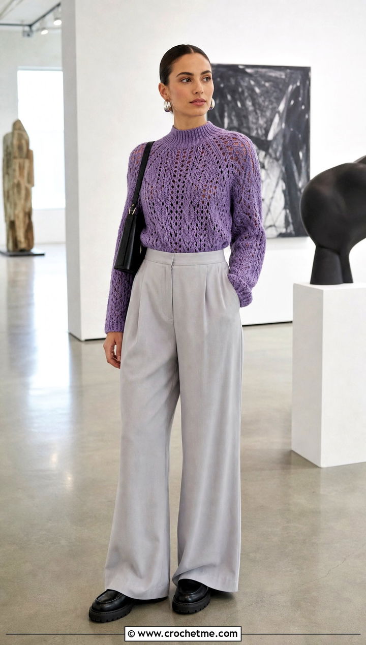 Mock Neck Triple Crochet Sweater With Wide Leg Pants - 20 Triple Crochet Sweater outfit ideas