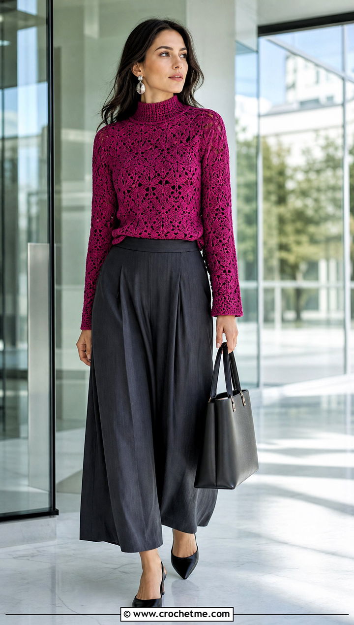 Mock Neck Tulip Crochet Sweater With Culottes - 25 Tulip Crochet Sweater outfit ideas