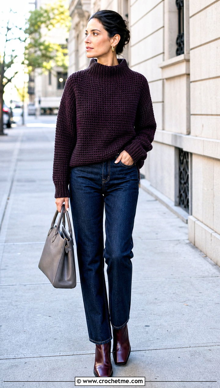 Mock Neck Tunisian Crochet Jumper With Dark Wash Jeans - 30 tunisian crochet jumper outfit ideas