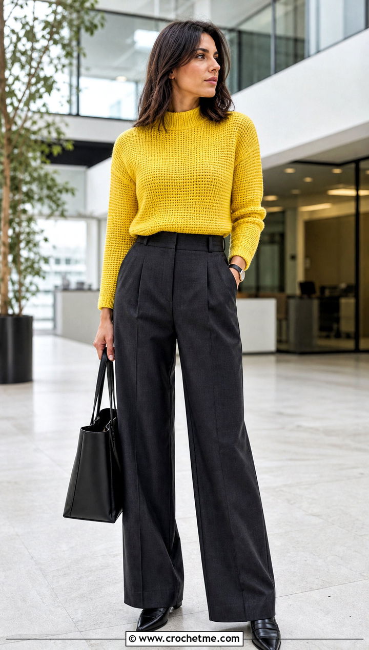Mock Neck Tunisian Crochet Pullover With Tailored Trousers - 25 Tunisian Crochet Pullover outfit ideas