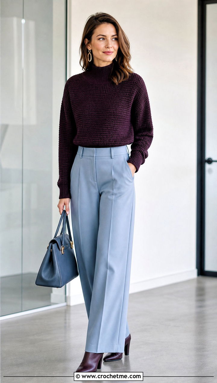 Mock Neck Tunisian Crochet Shirt With Suit Trousers - 20 Tunisian Crochet Shirt outfit ideas