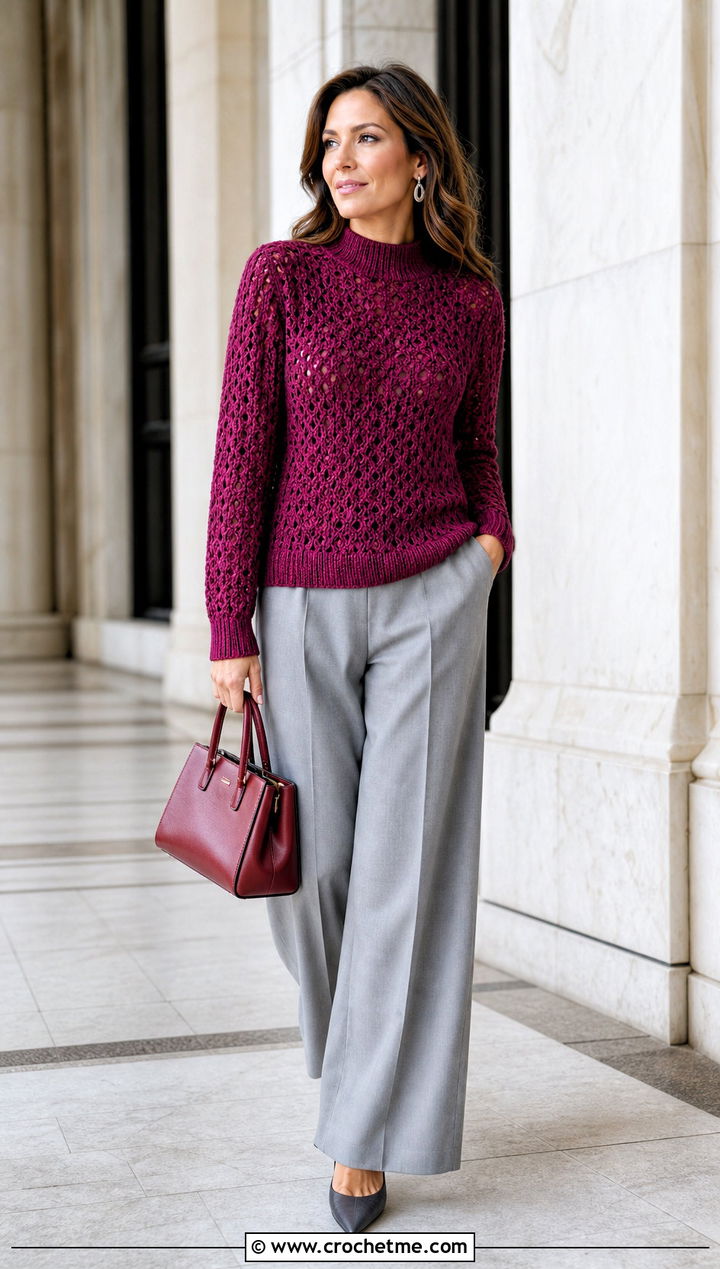 Mock Neck Velma Crochet Sweater With Wide Leg Suit Pants - 15 Velma Crochet Sweater outfit ideas