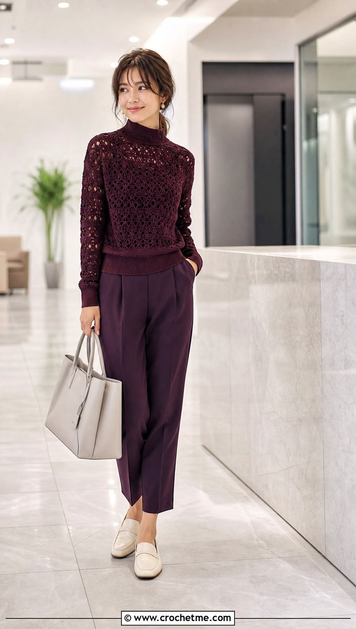 Mock Neck Velvet Crochet Sweater With Pleated Pants - 30 velvet crochet sweater outfit ideas