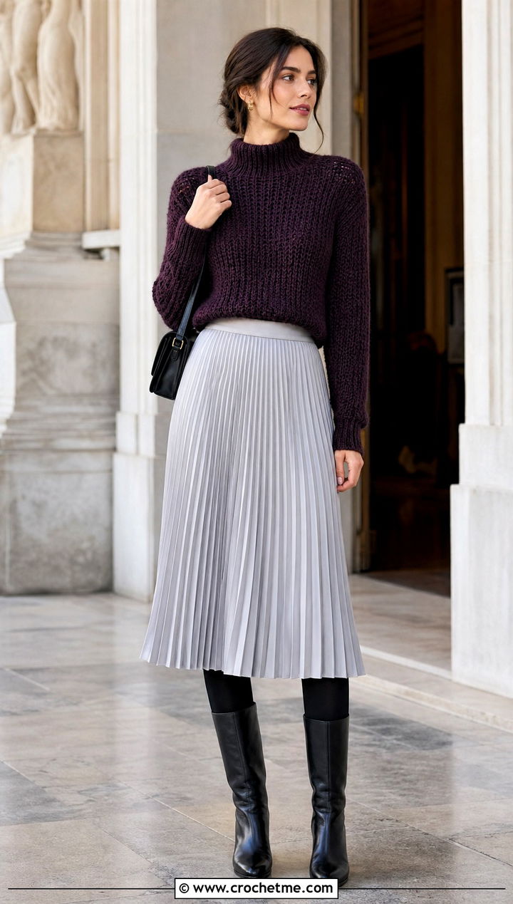Mock Neck Waffle Stitch Crochet Sweater With Pleated Midi Skirt - 30 waffle stitch crochet sweater outfit ideas
