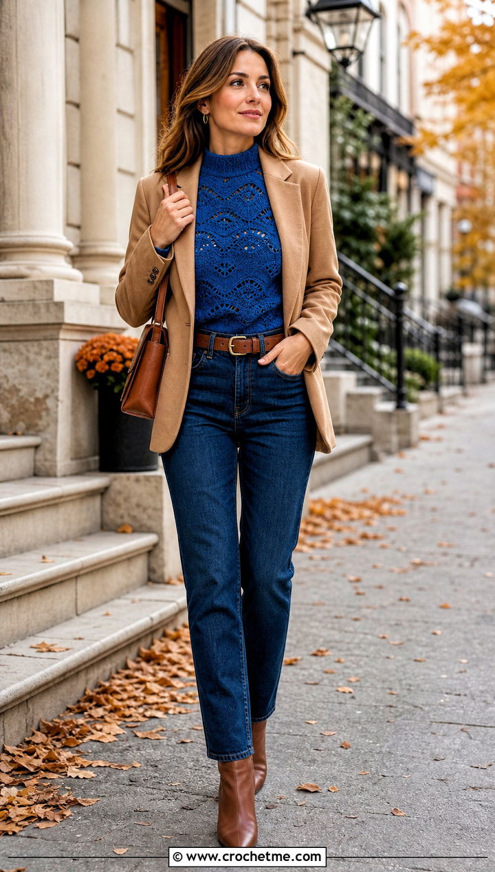 Mock Neck Wave Crochet Top With Blazer And Jeans - 20 wave crochet top outfit ideas